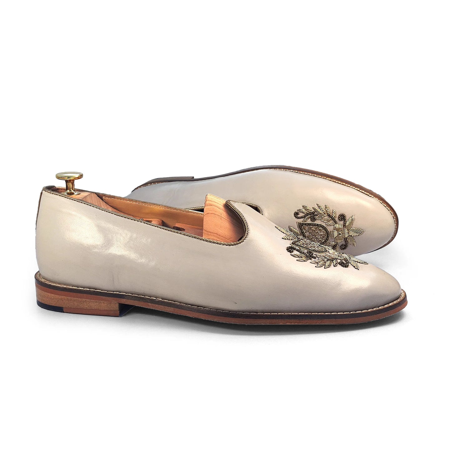 Light Creme Light Gold Zardozi Handwork Wedding Shoes Ethnic Mojari for Men