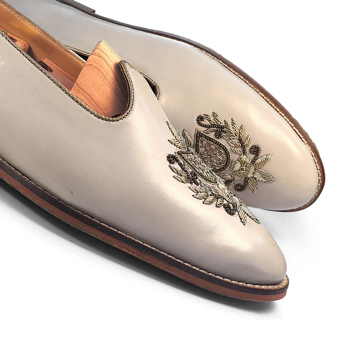 Light Creme Light Gold Zardozi Handwork Wedding Shoes Ethnic Mojari for Men