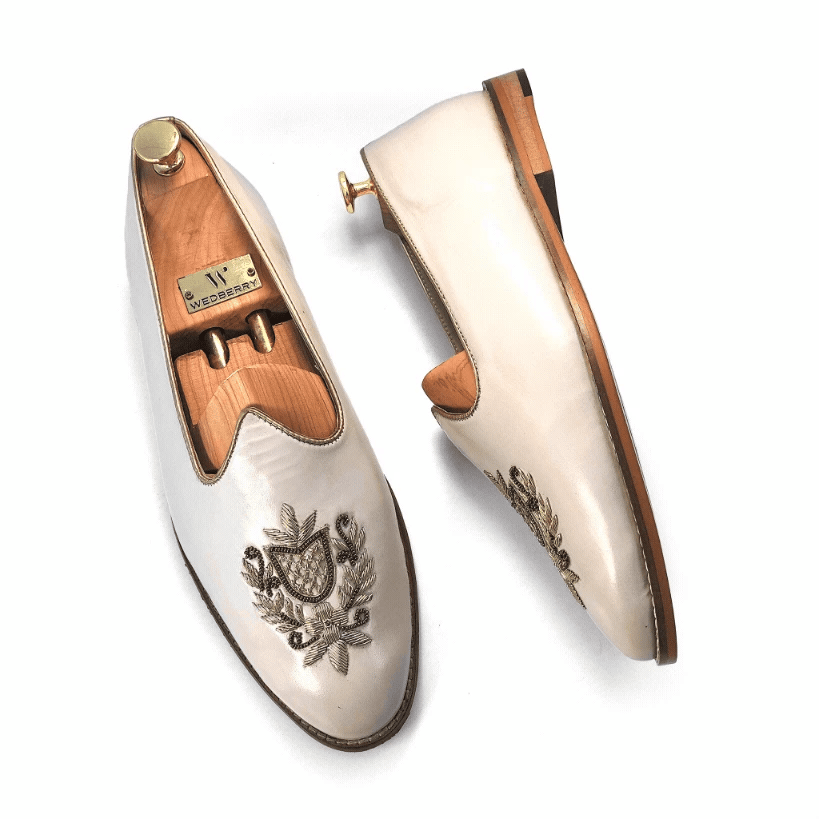 Light Creme Light Gold Zardozi Handwork Wedding Shoes Ethnic Mojari for Men