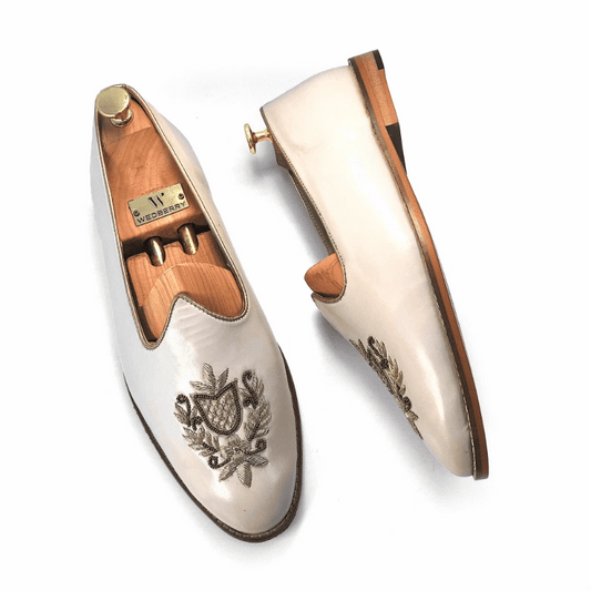 Light Creme Light Gold Zardozi Handwork Wedding Shoes Ethnic Mojari for Men