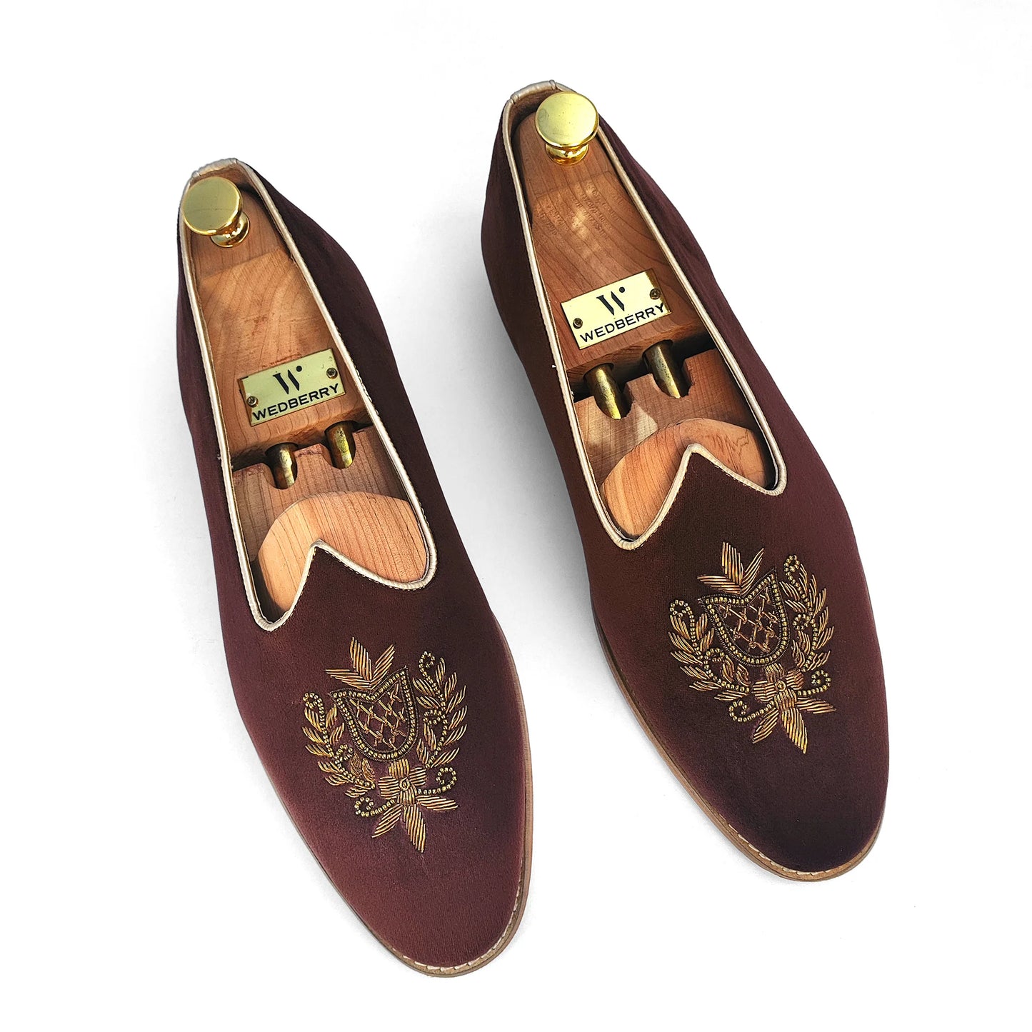Brown Velvet Antique Gold Zardozi Handwork Wedding Shoes Ethnic Mojari for Men