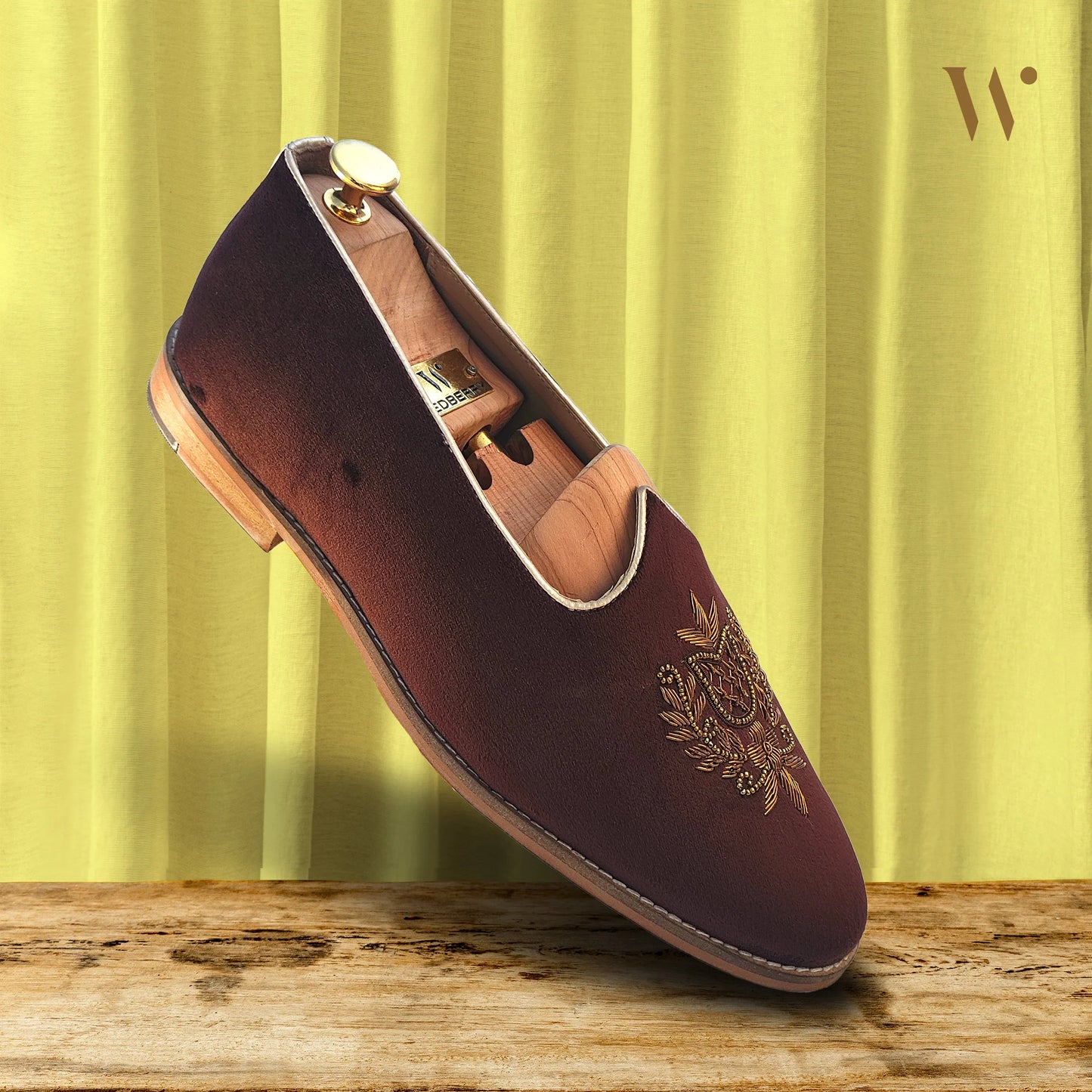 Brown Velvet Antique Gold Zardozi Handwork Wedding Shoes Ethnic Mojari for Men