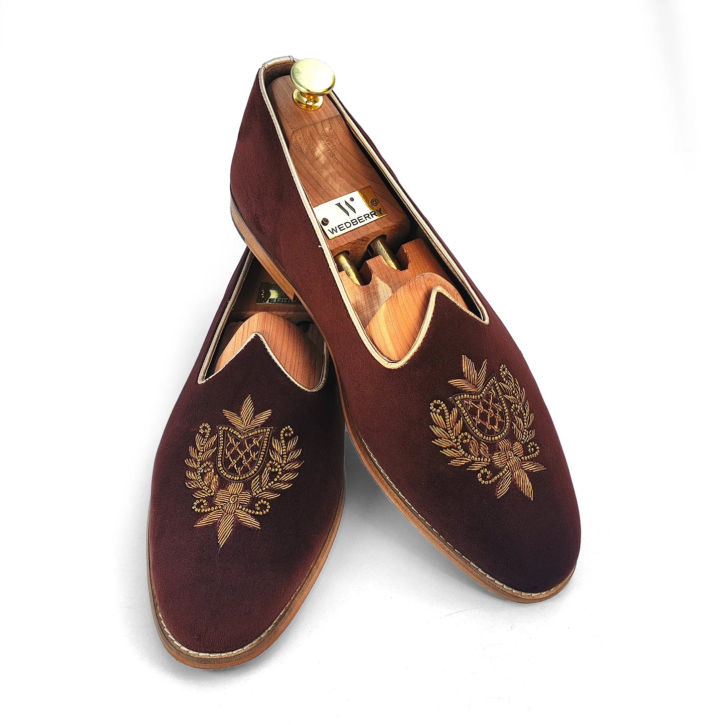 Brown Velvet Antique Gold Zardozi Handwork Wedding Shoes Ethnic Mojari for Men