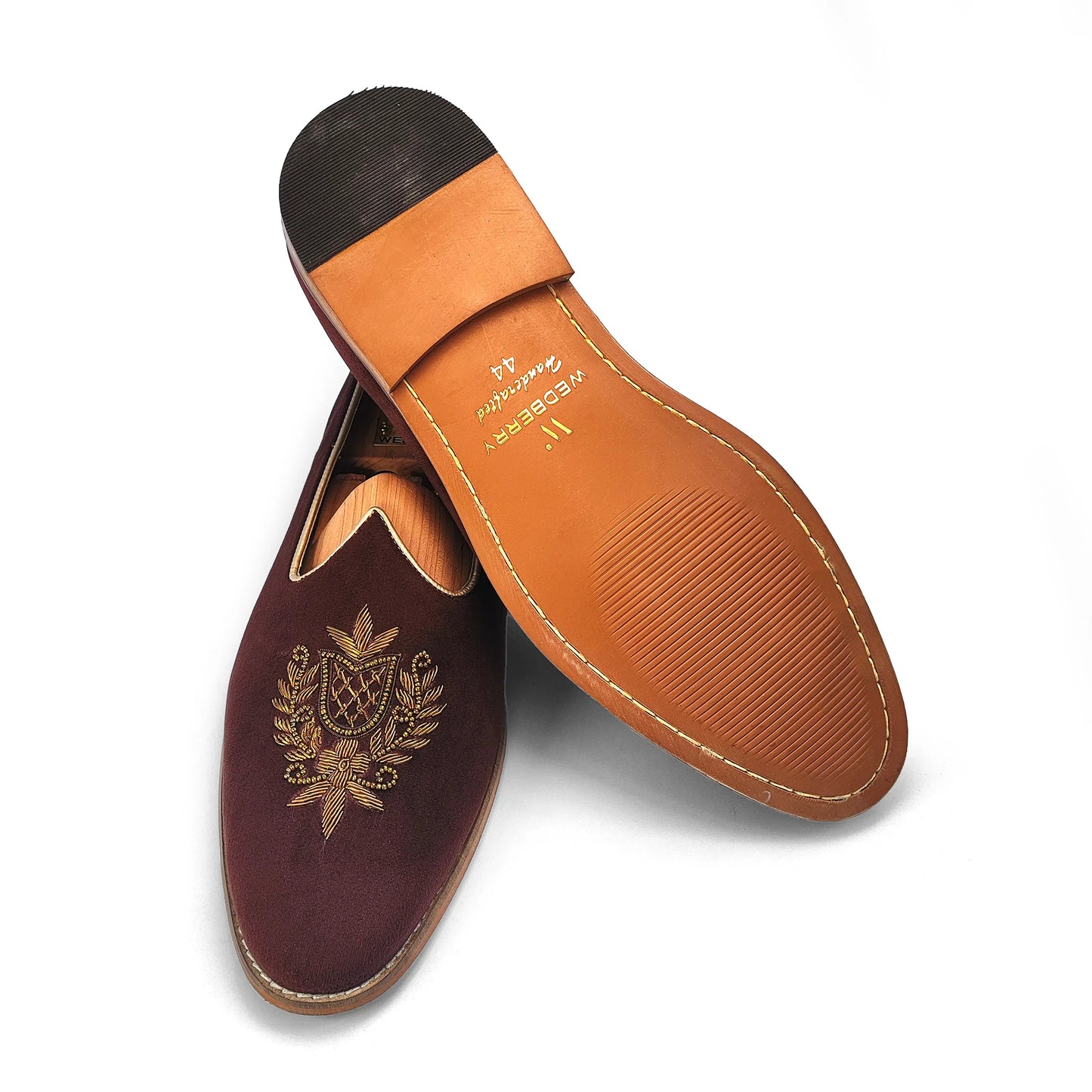 Brown Velvet Antique Gold Zardozi Handwork Wedding Shoes Ethnic Mojari for Men