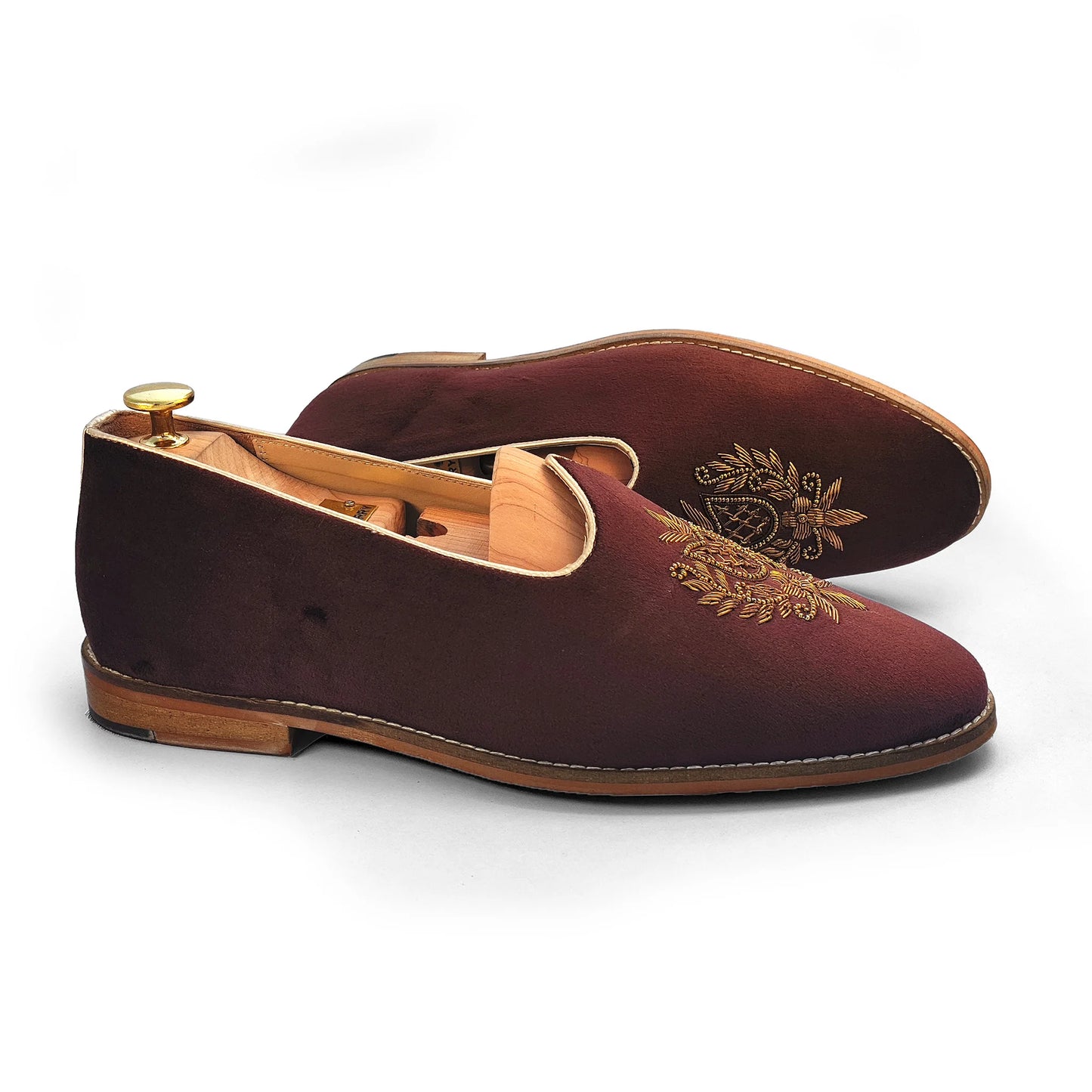 Brown Velvet Antique Gold Zardozi Handwork Wedding Shoes Ethnic Mojari for Men