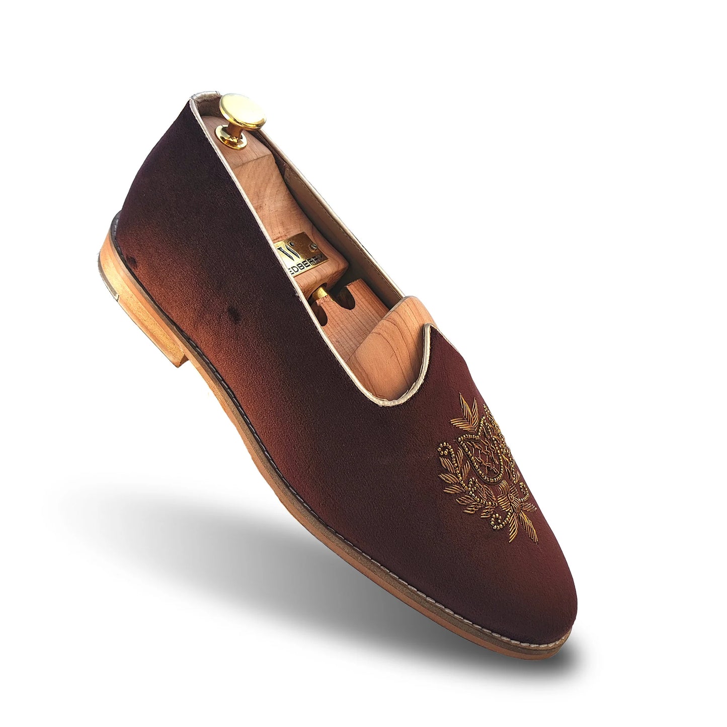 Brown Velvet Antique Gold Zardozi Handwork Wedding Shoes Ethnic Mojari for Men