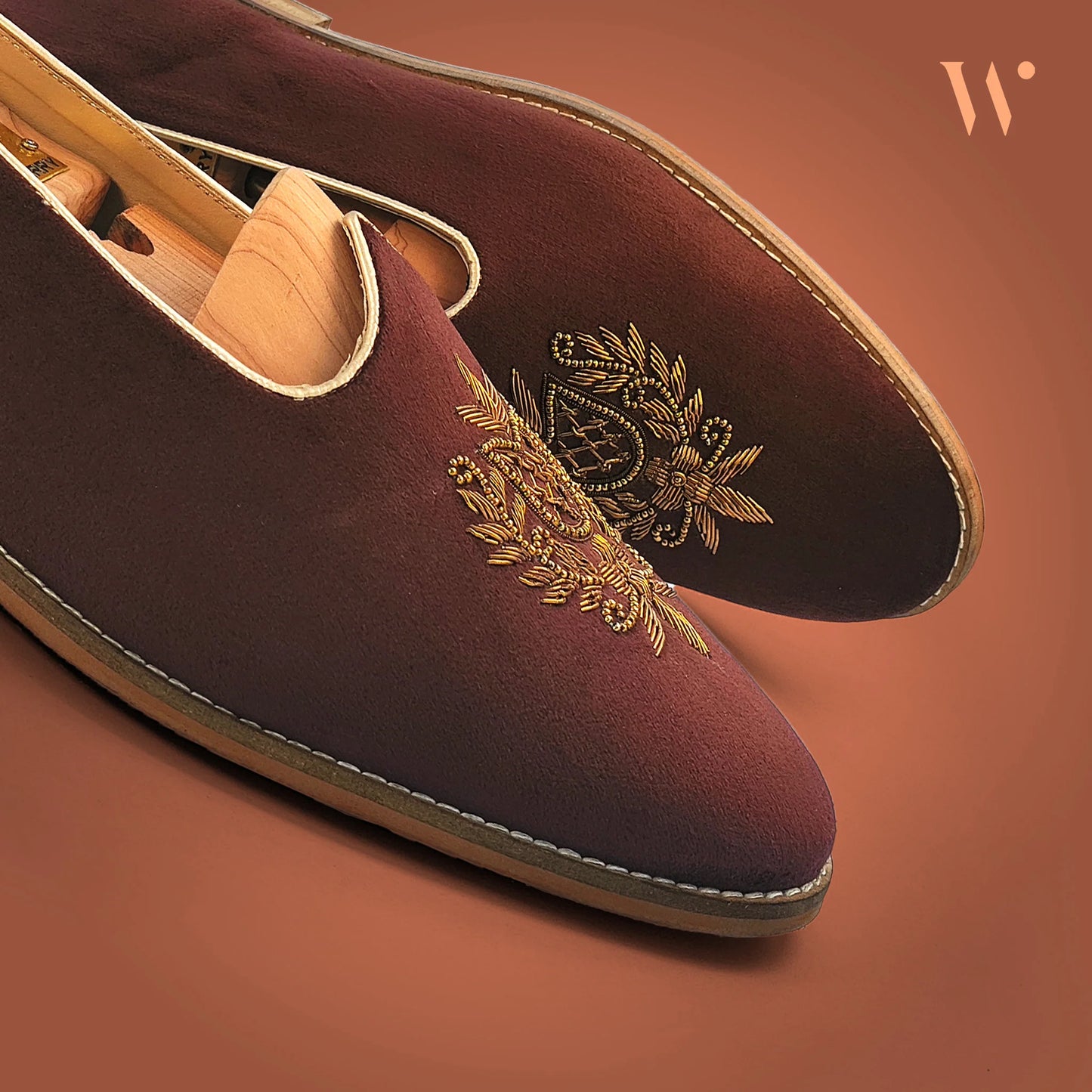 Brown Velvet Antique Gold Zardozi Handwork Wedding Shoes Ethnic Mojari for Men