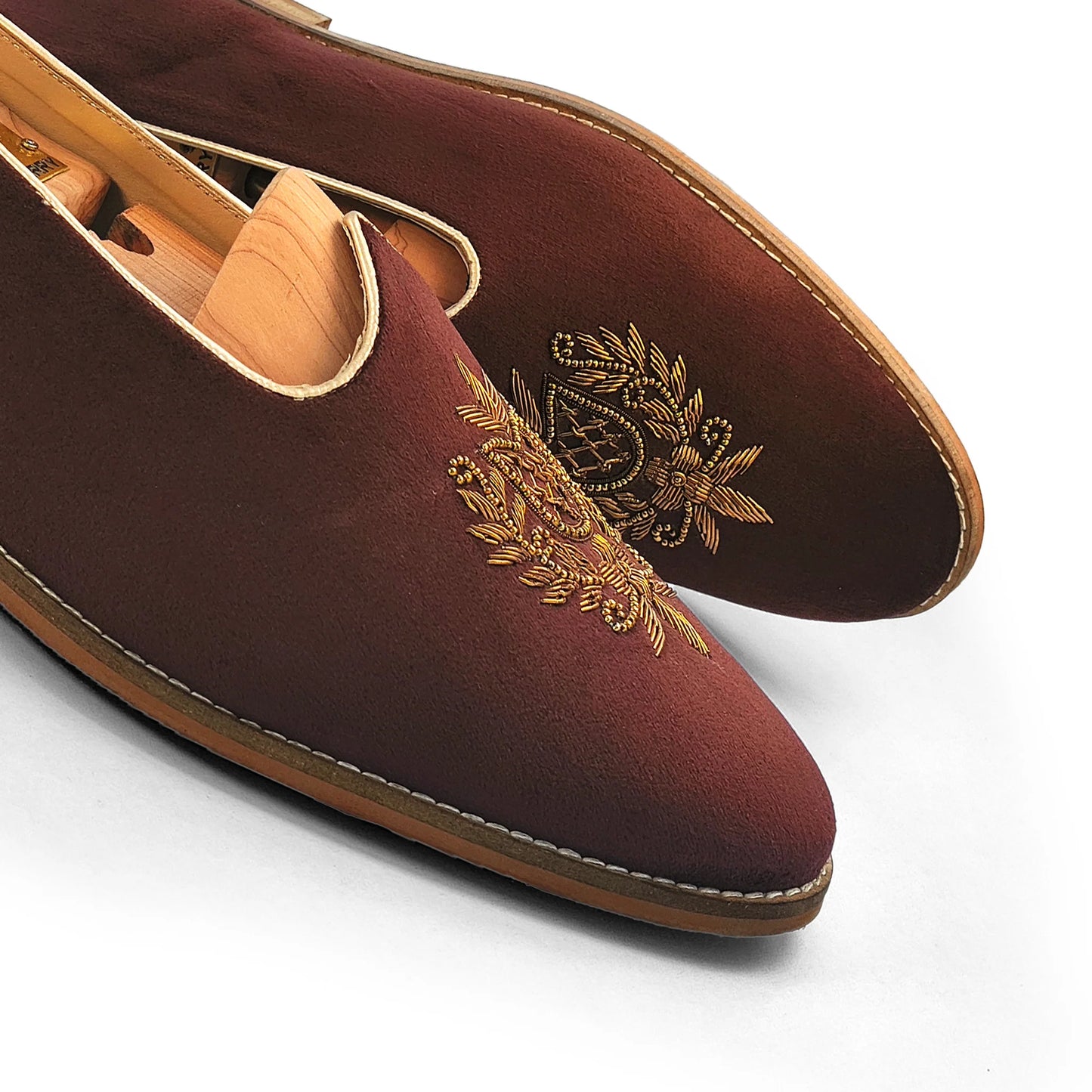 Brown Velvet Antique Gold Zardozi Handwork Wedding Shoes Ethnic Mojari for Men