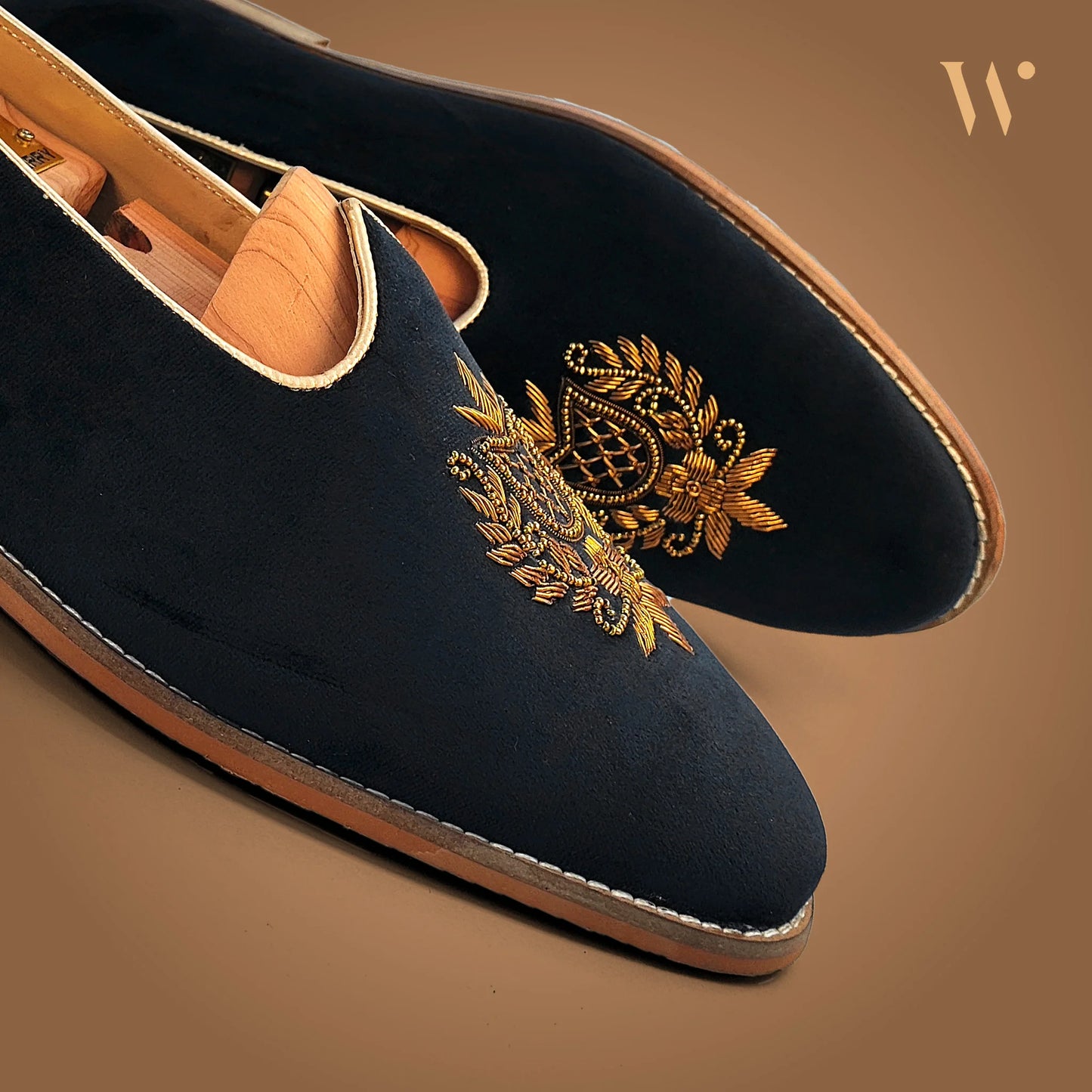 Black Velvet Antique Gold Zardozi Handwork Wedding Shoes Ethnic Mojari for Men