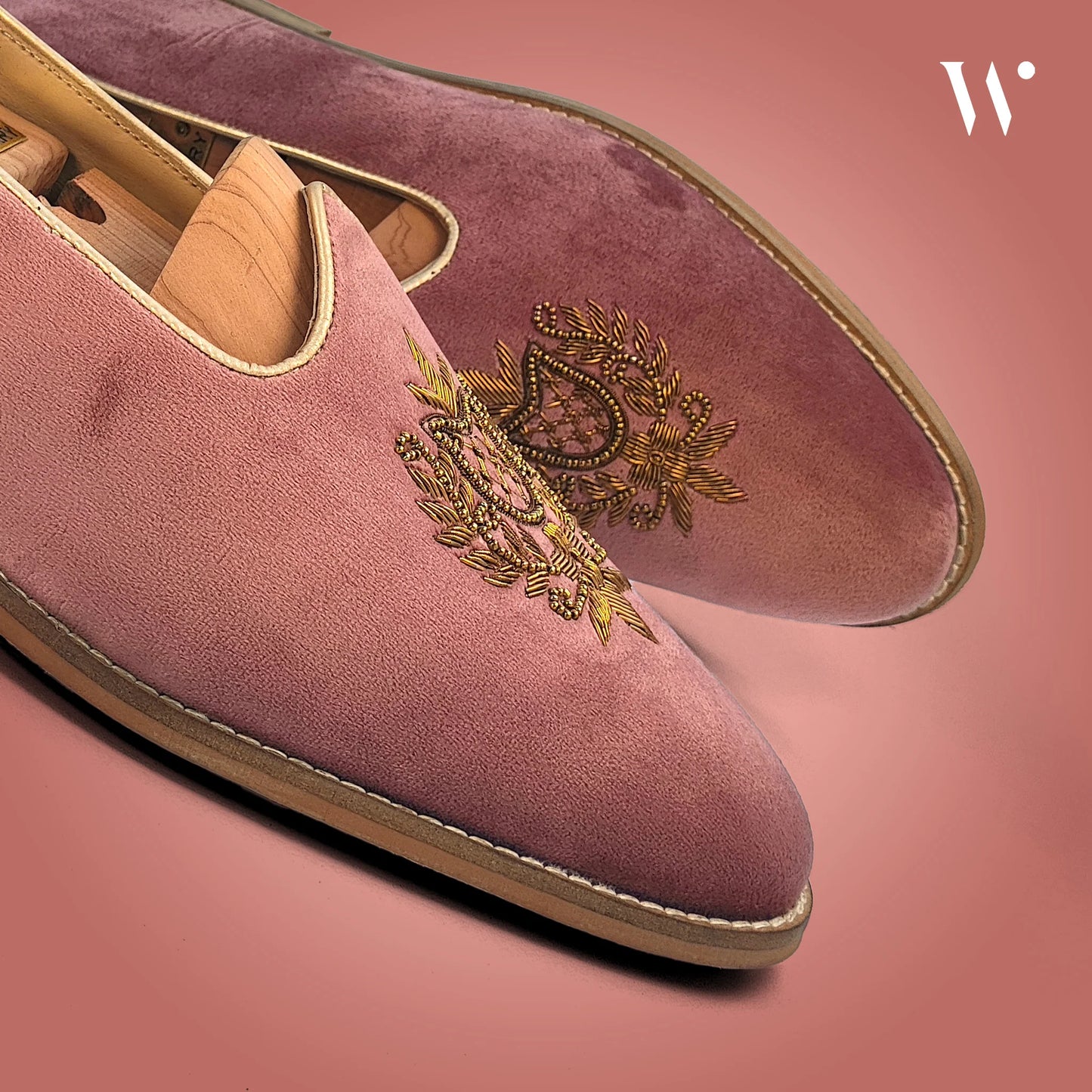 Pink Velvet Antique Gold Zardozi Handwork Wedding Shoes Ethnic Mojari for Men