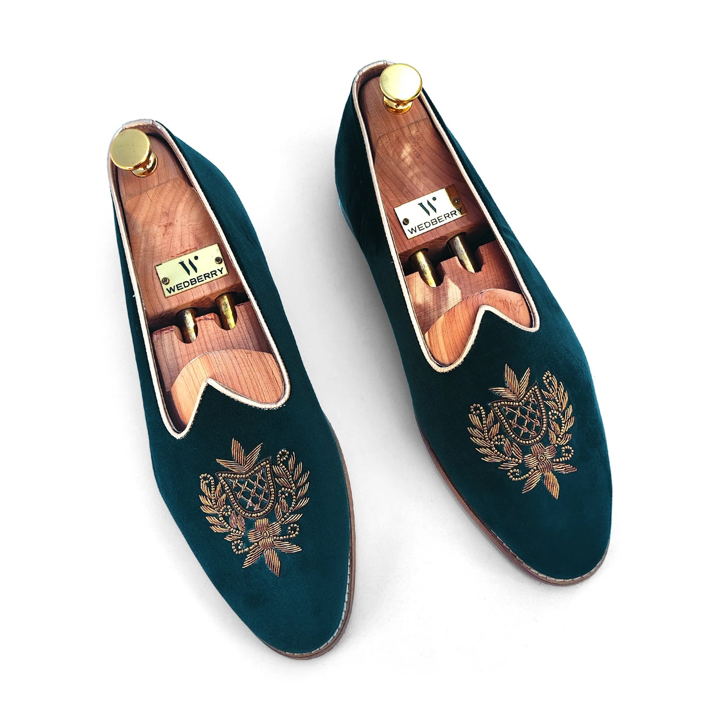 Forest Green Velvet Antique Gold Zardozi Handwork Wedding Shoes Ethnic Mojari for Men