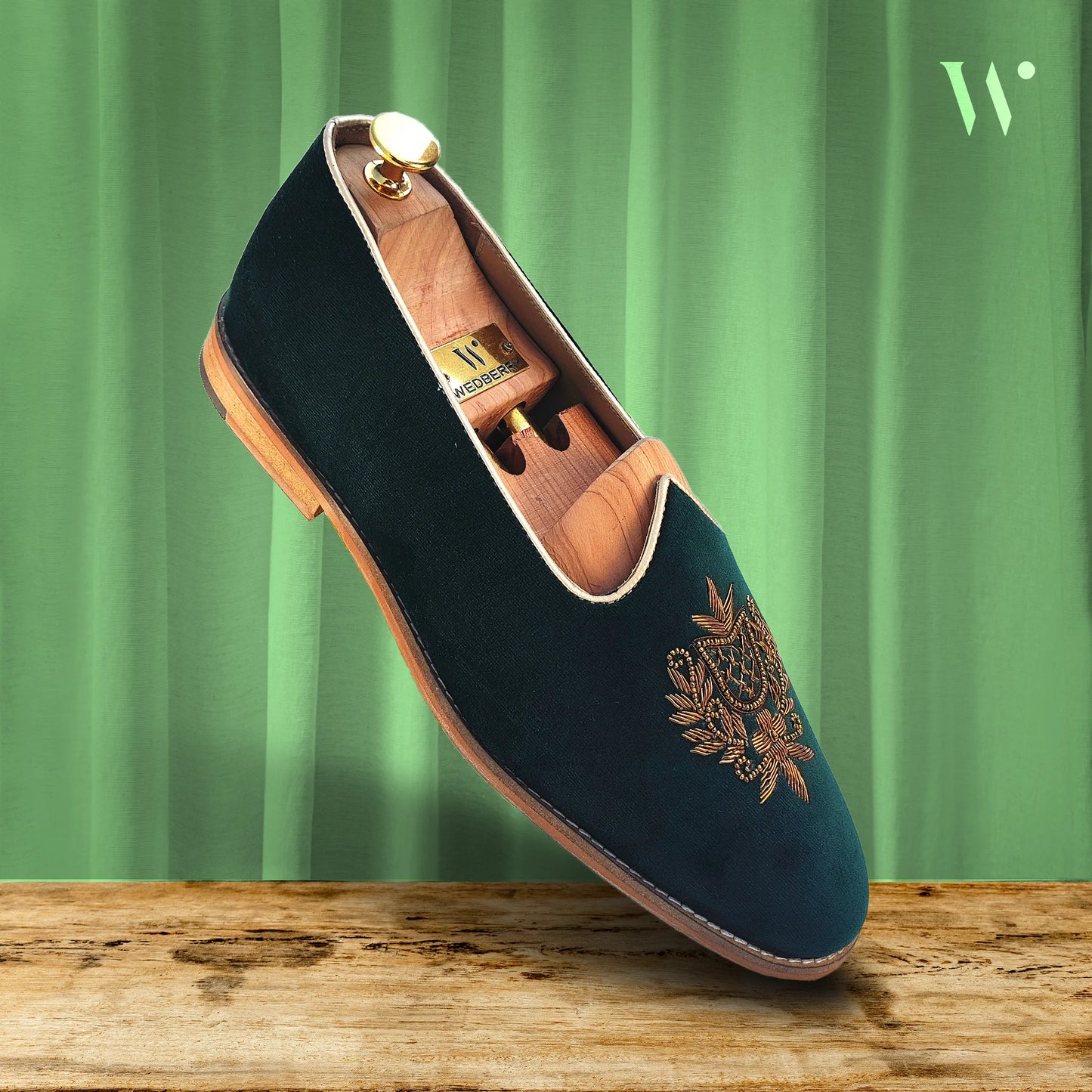 Forest Green Velvet Antique Gold Zardozi Handwork Wedding Shoes Ethnic Mojari for Men