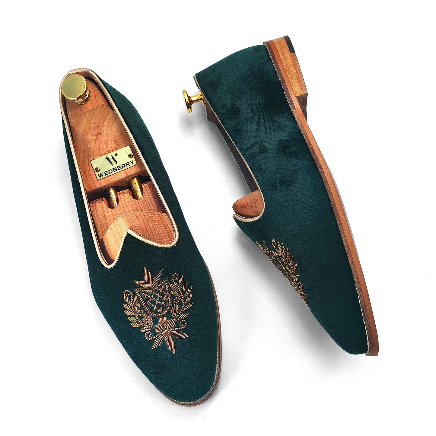 Forest Green Velvet Antique Gold Zardozi Handwork Wedding Shoes Ethnic Mojari for Men