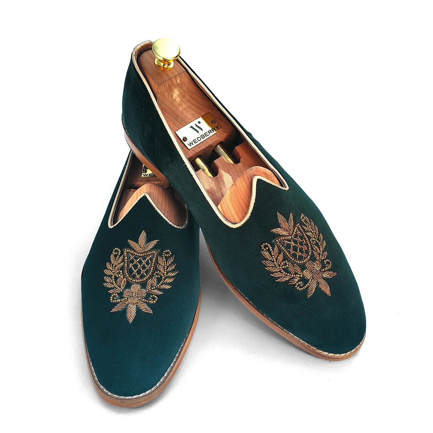 Forest Green Velvet Antique Gold Zardozi Handwork Wedding Shoes Ethnic Mojari for Men