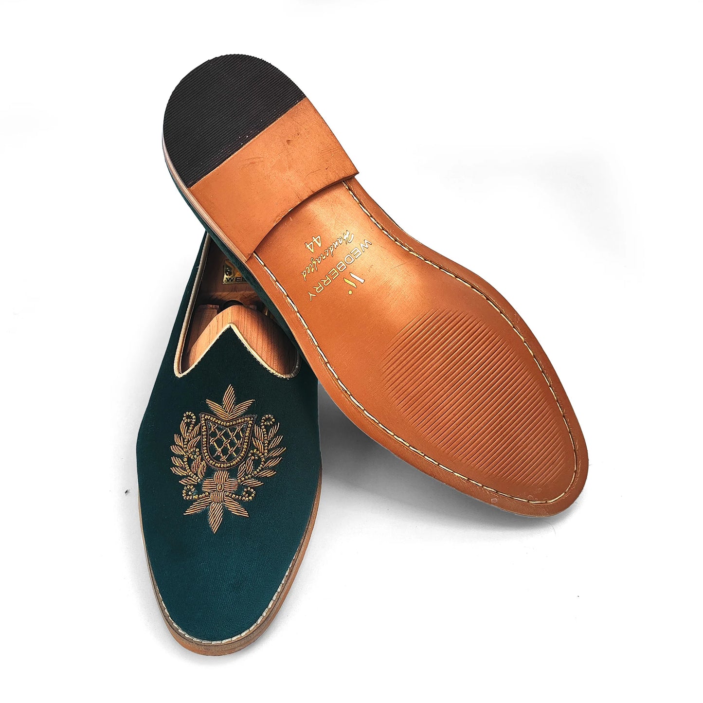 Forest Green Velvet Antique Gold Zardozi Handwork Wedding Shoes Ethnic Mojari for Men