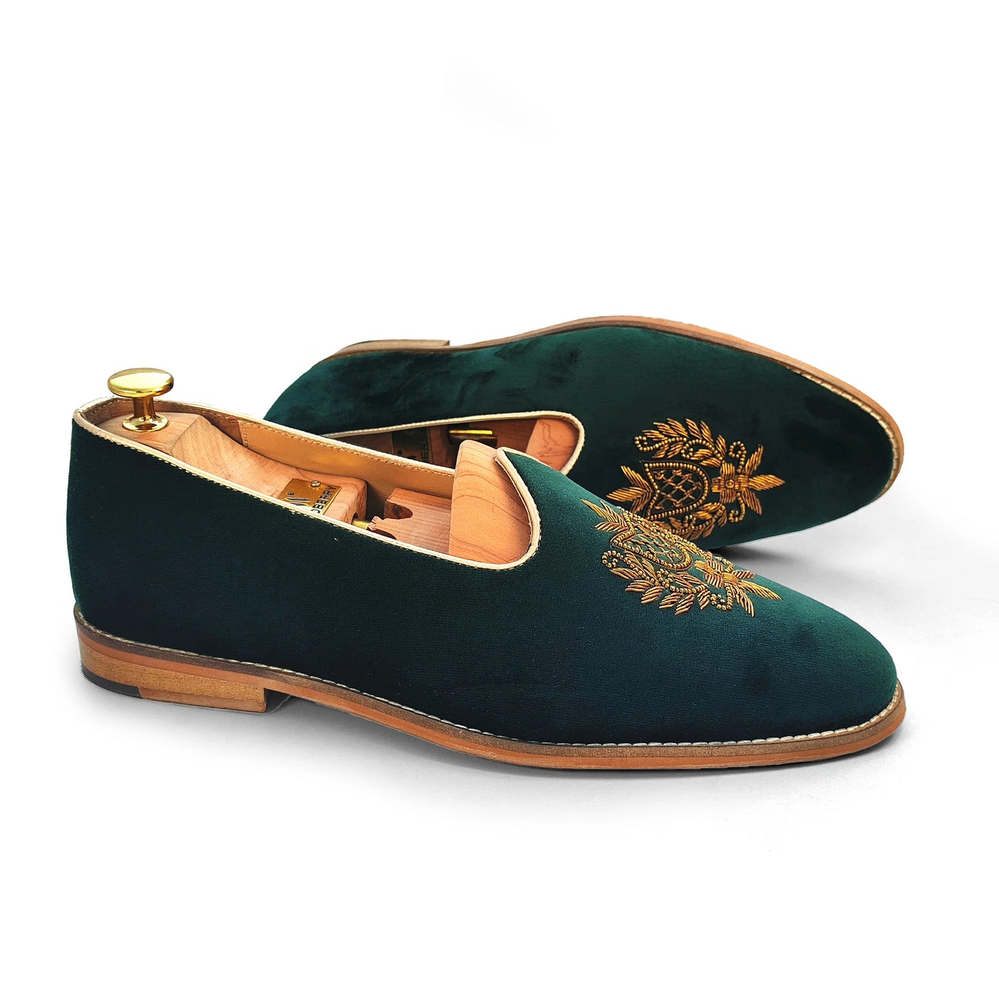 Forest Green Velvet Antique Gold Zardozi Handwork Wedding Shoes Ethnic Mojari for Men