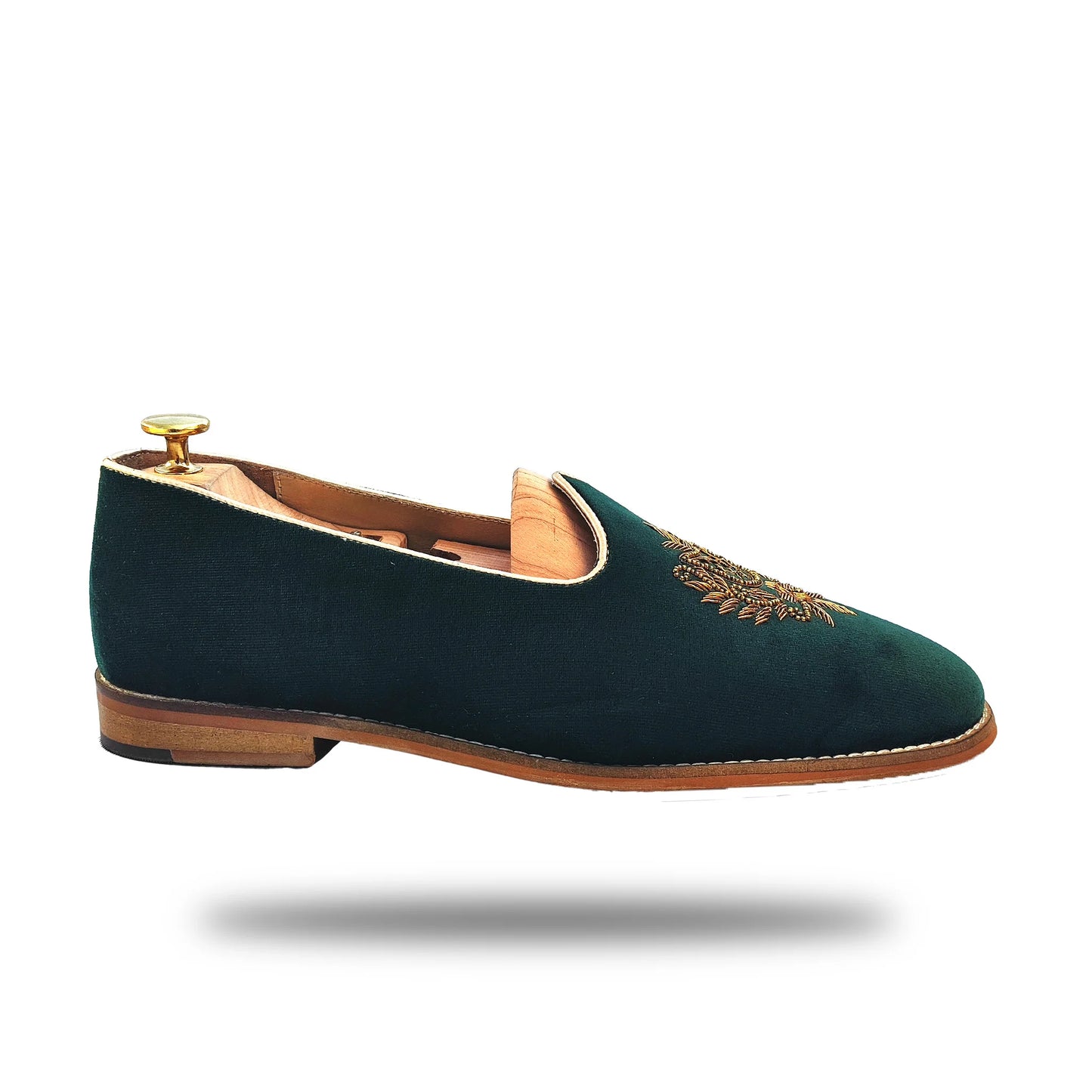 Forest Green Velvet Antique Gold Zardozi Handwork Wedding Shoes Ethnic Mojari for Men