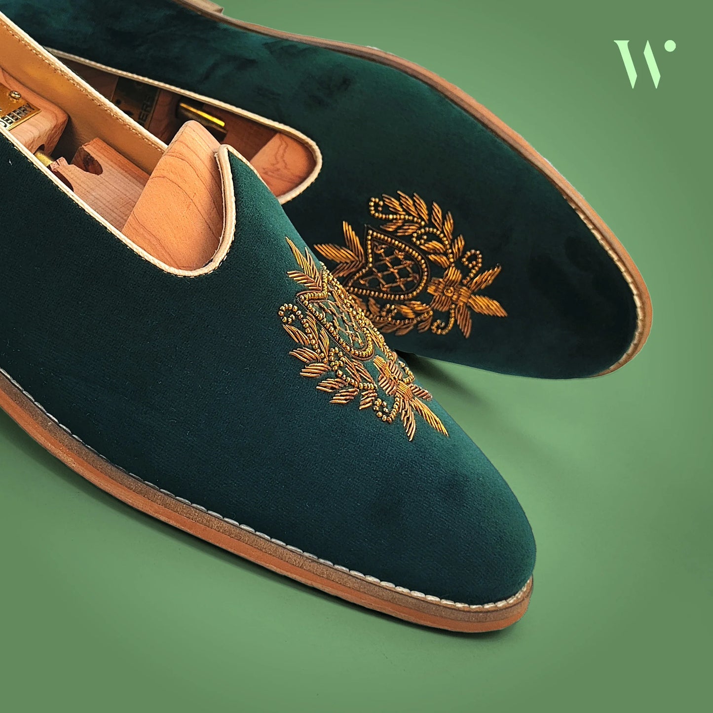 Forest Green Velvet Antique Gold Zardozi Handwork Wedding Shoes Ethnic Mojari for Men