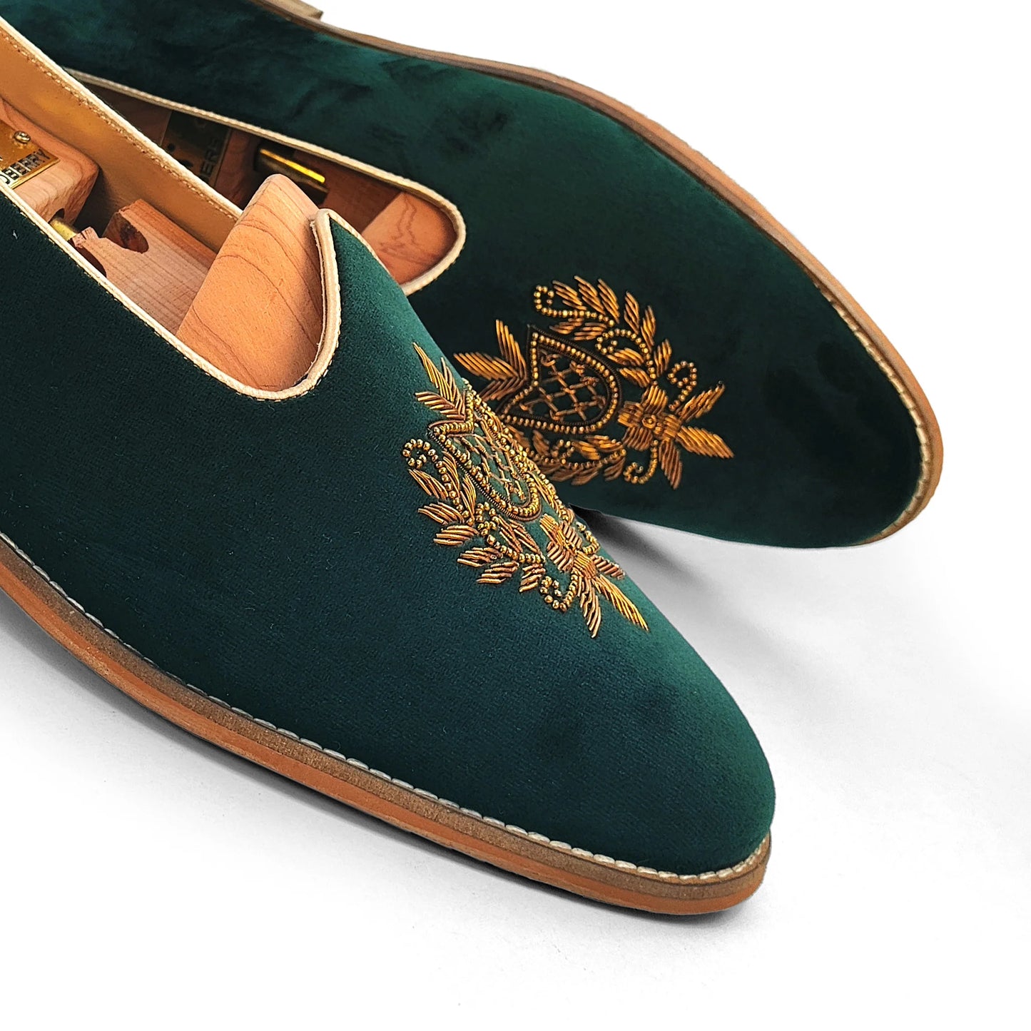 Forest Green Velvet Antique Gold Zardozi Handwork Wedding Shoes Ethnic Mojari for Men