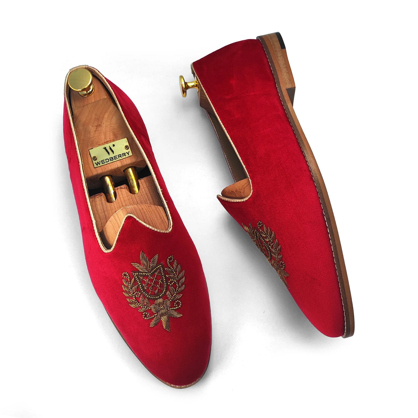 Red Velvet Antique Gold Zardozi Handwork Wedding Shoes Ethnic Mojari for Men