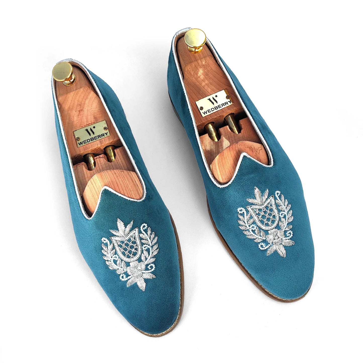 Turquoise Blue Velvet Silver Zardozi Handwork Wedding Shoes Ethnic Mojari for Men