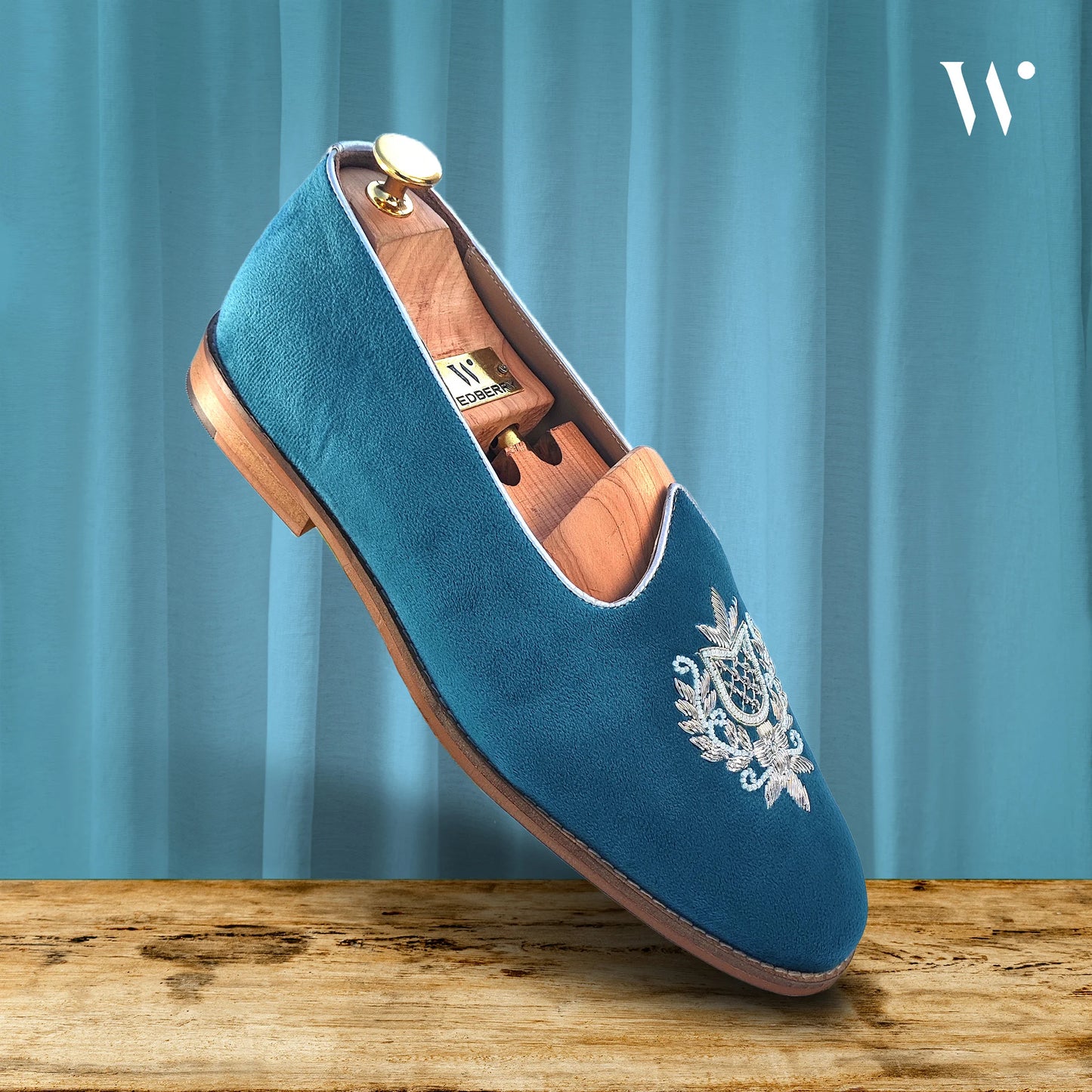 Turquoise Blue Velvet Silver Zardozi Handwork Wedding Shoes Ethnic Mojari for Men