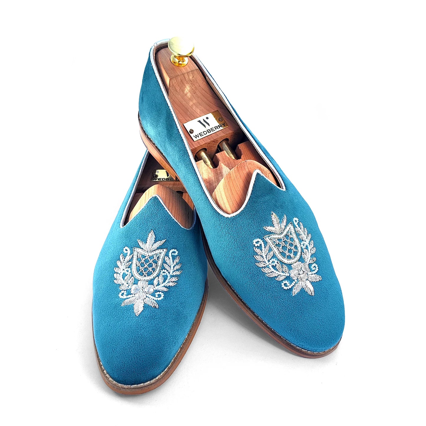 Turquoise Blue Velvet Silver Zardozi Handwork Wedding Shoes Ethnic Mojari for Men