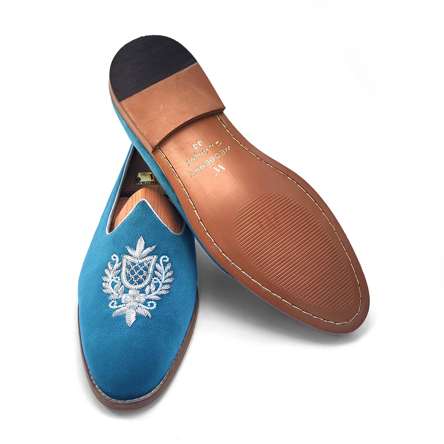Turquoise Blue Velvet Silver Zardozi Handwork Wedding Shoes Ethnic Mojari for Men