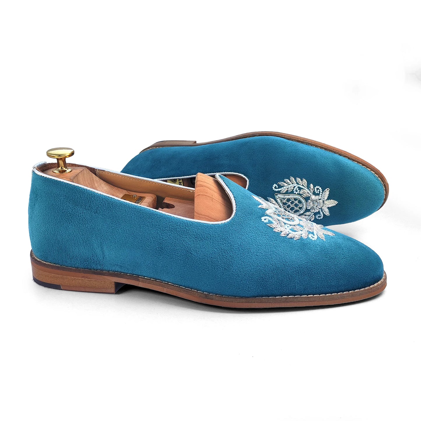 Turquoise Blue Velvet Silver Zardozi Handwork Wedding Shoes Ethnic Mojari for Men