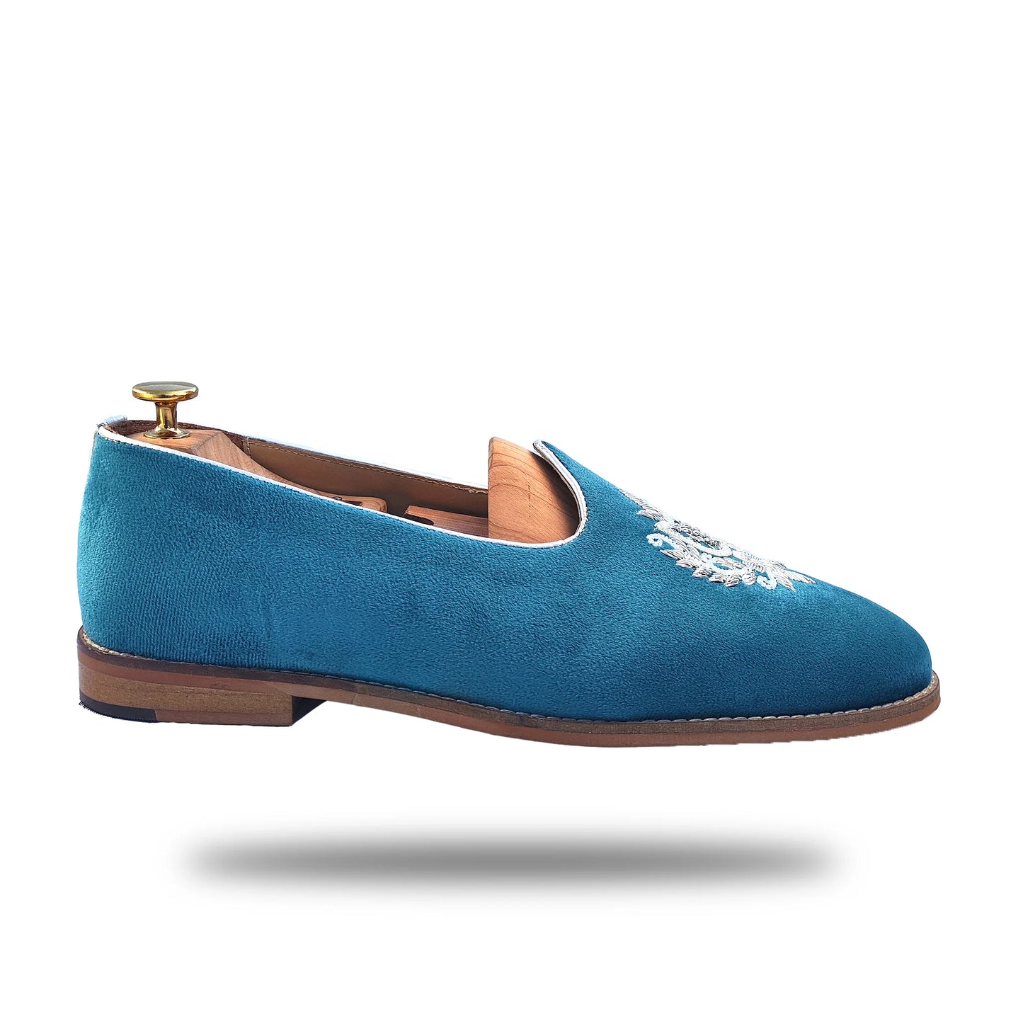 Turquoise Blue Velvet Silver Zardozi Handwork Wedding Shoes Ethnic Mojari for Men
