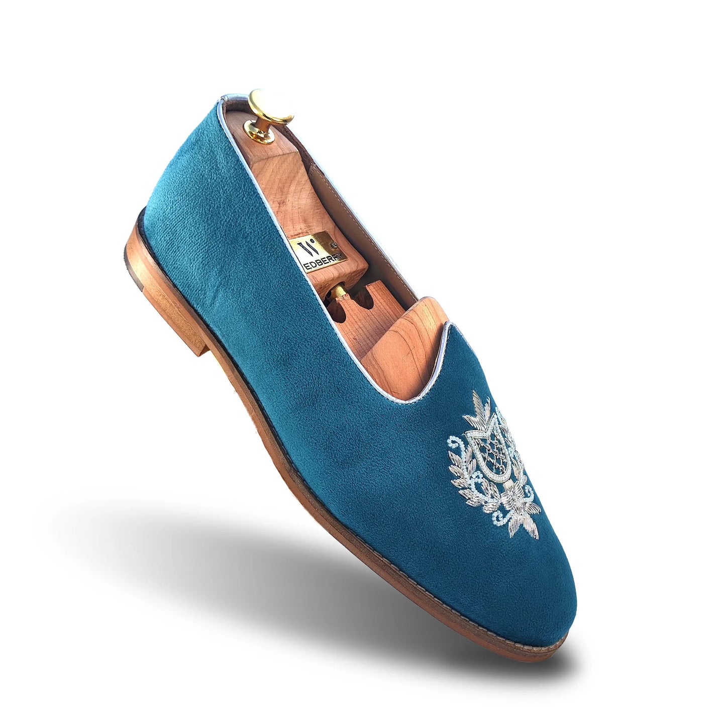 Turquoise Blue Velvet Silver Zardozi Handwork Wedding Shoes Ethnic Mojari for Men