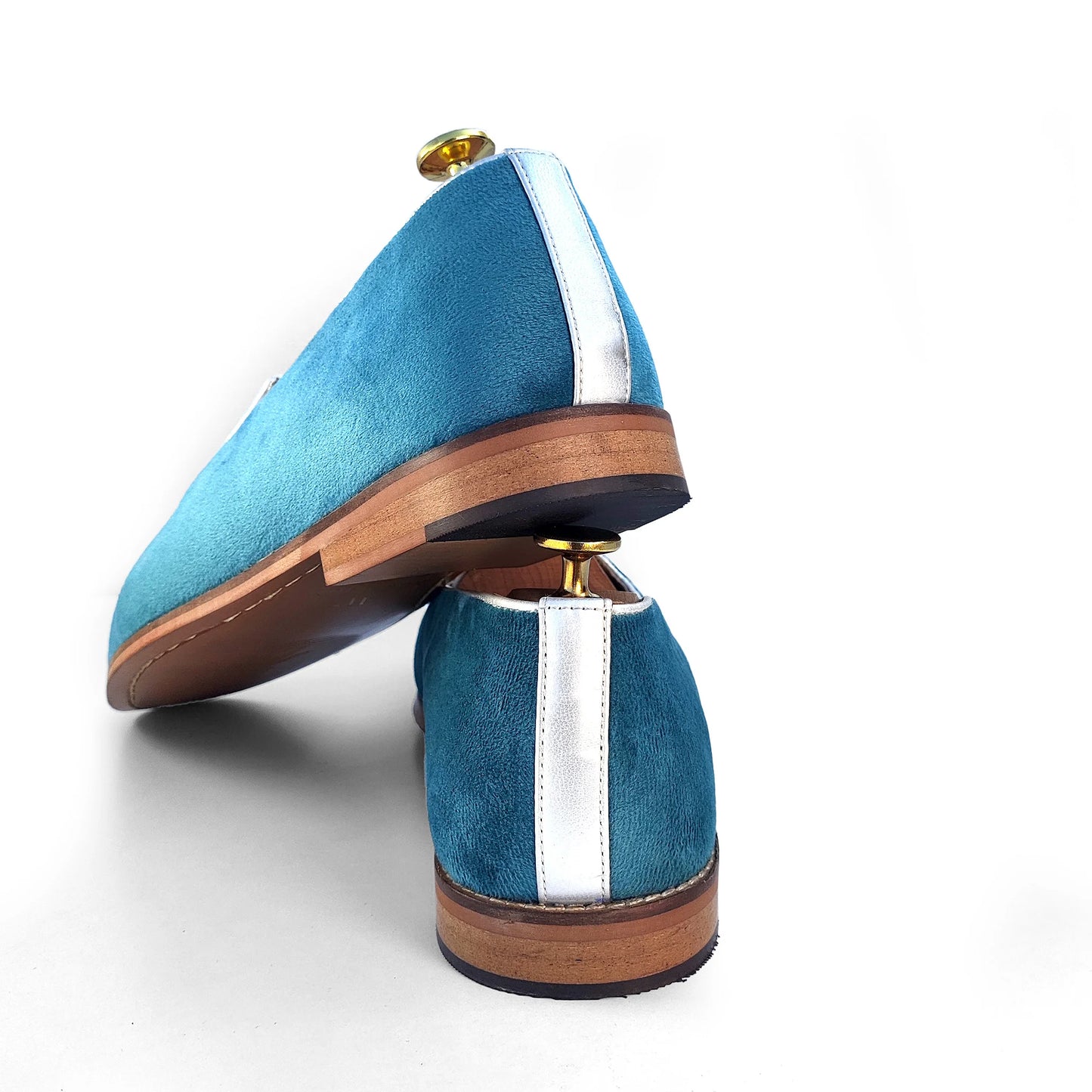 Turquoise Blue Velvet Silver Zardozi Handwork Wedding Shoes Ethnic Mojari for Men