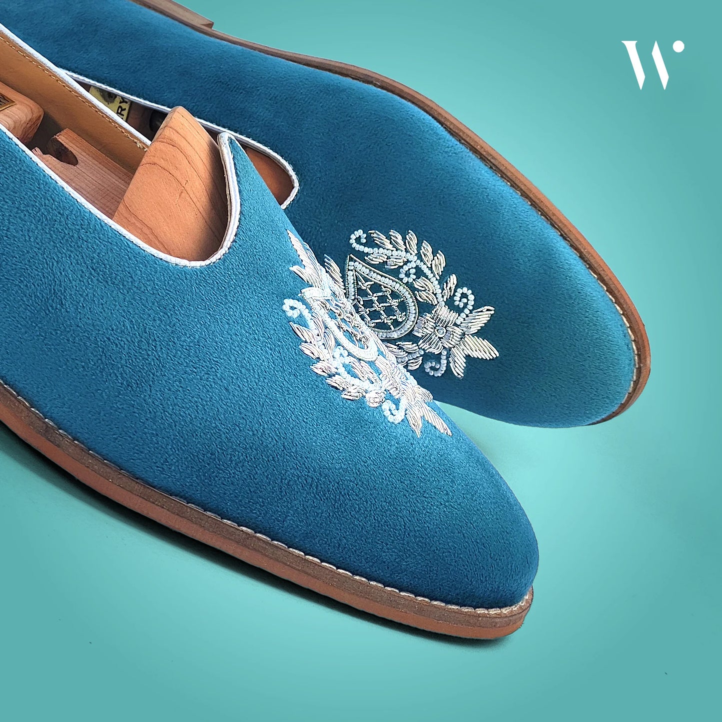 Turquoise Blue Velvet Silver Zardozi Handwork Wedding Shoes Ethnic Mojari for Men