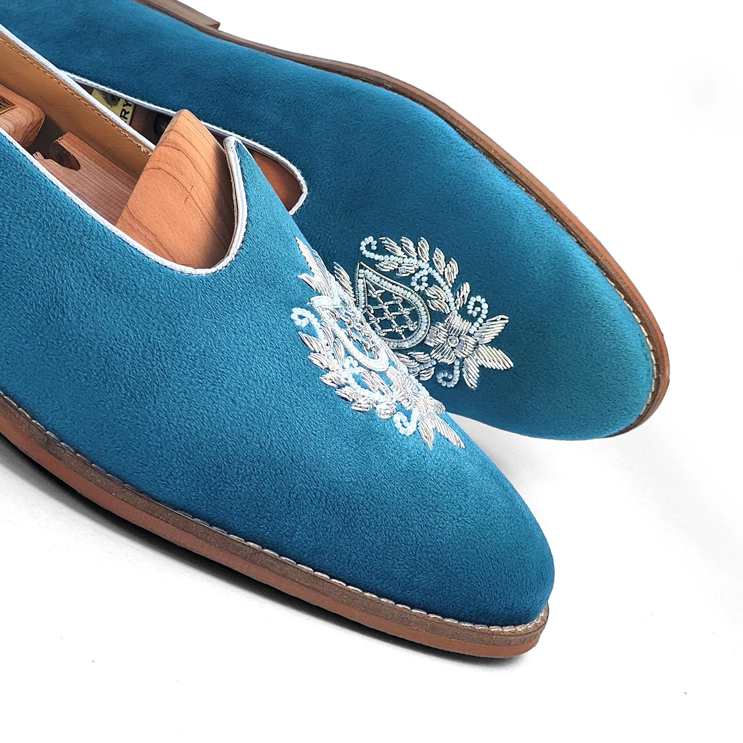 Turquoise Blue Velvet Silver Zardozi Handwork Wedding Shoes Ethnic Mojari for Men