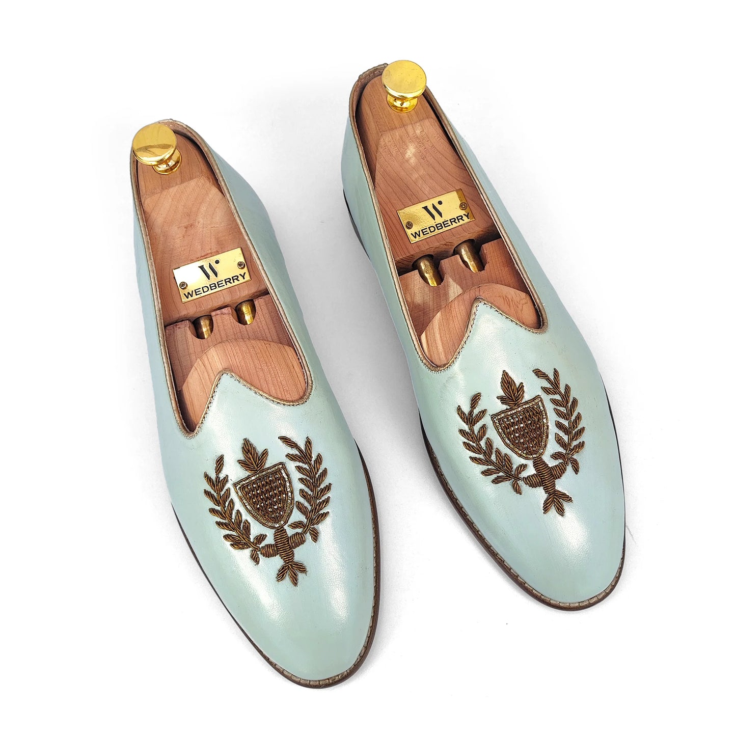 Mint Green Antique Gold Zardozi Handwork Wedding Shoes Ethnic Mojari for Men