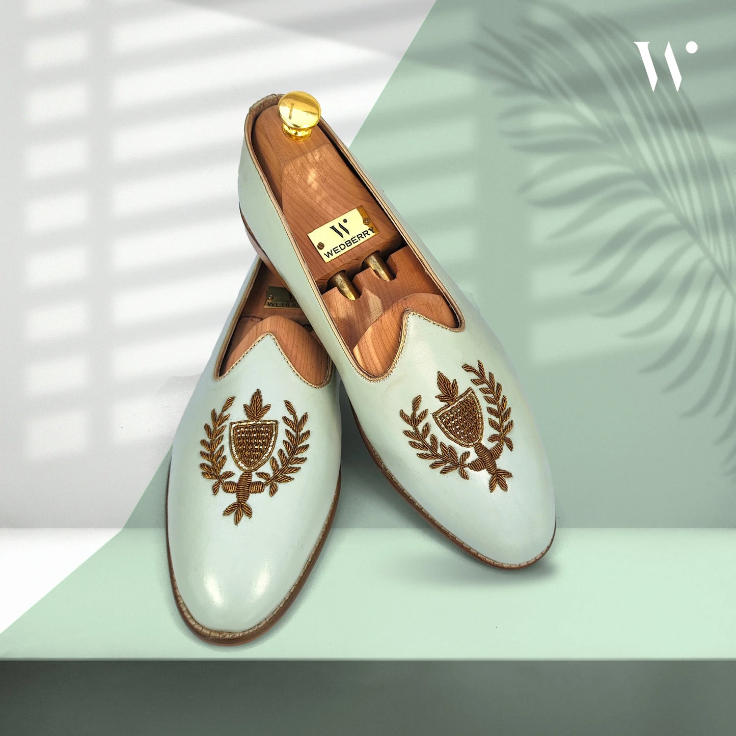 Mint Green Antique Gold Zardozi Handwork Wedding Shoes Ethnic Mojari for Men