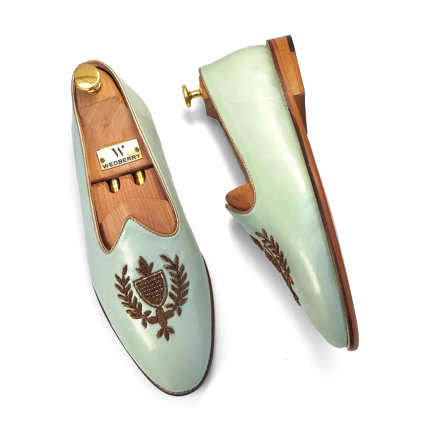 Mint Green Antique Gold Zardozi Handwork Wedding Shoes Ethnic Mojari for Men