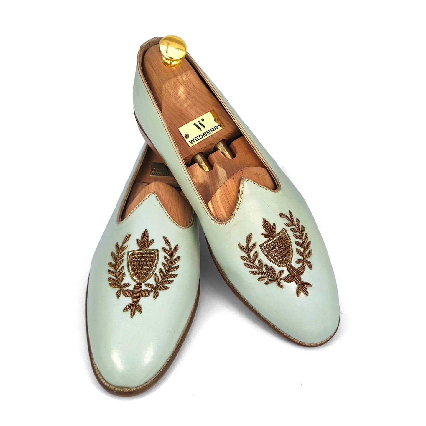 Mint Green Antique Gold Zardozi Handwork Wedding Shoes Ethnic Mojari for Men
