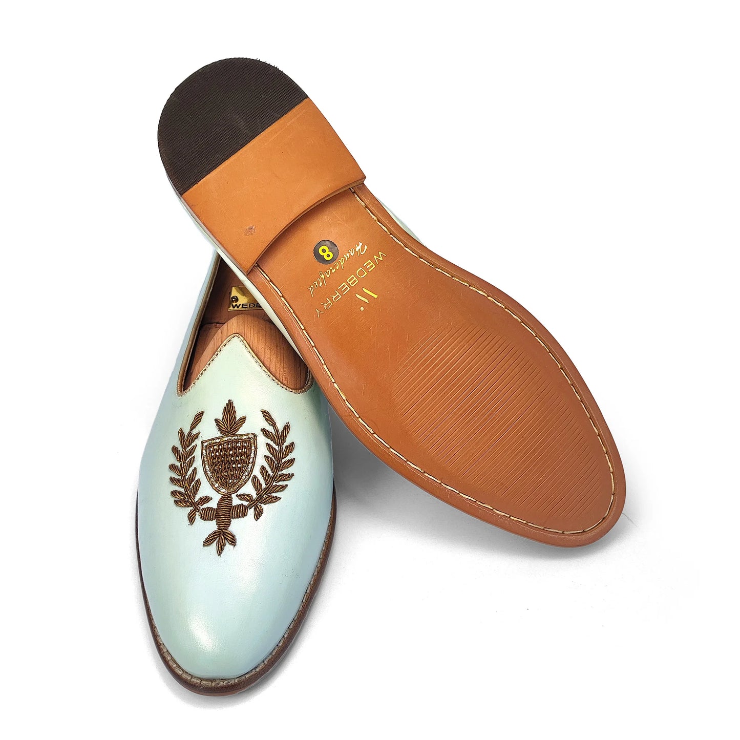 Mint Green Antique Gold Zardozi Handwork Wedding Shoes Ethnic Mojari for Men