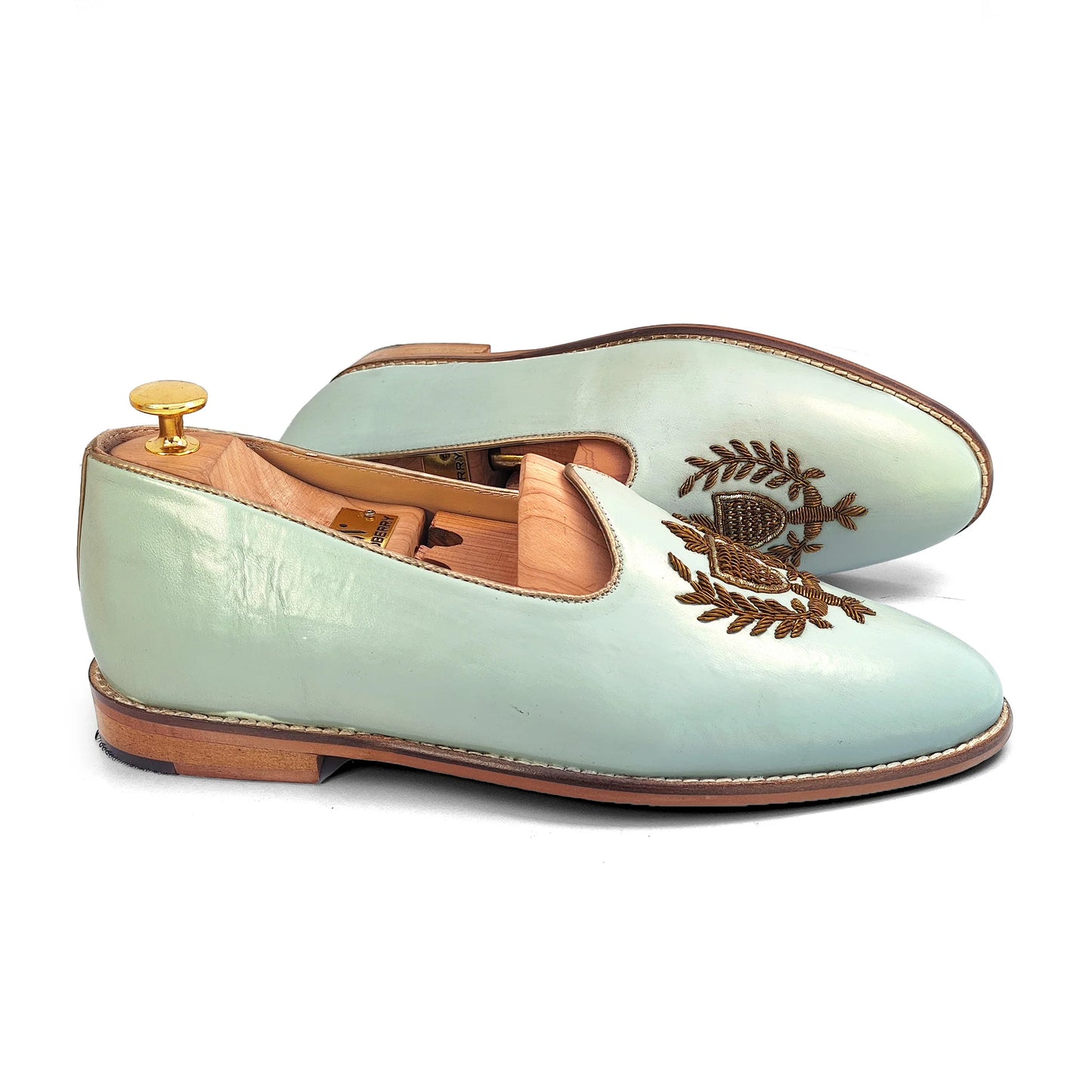 Mint Green Antique Gold Zardozi Handwork Wedding Shoes Ethnic Mojari for Men