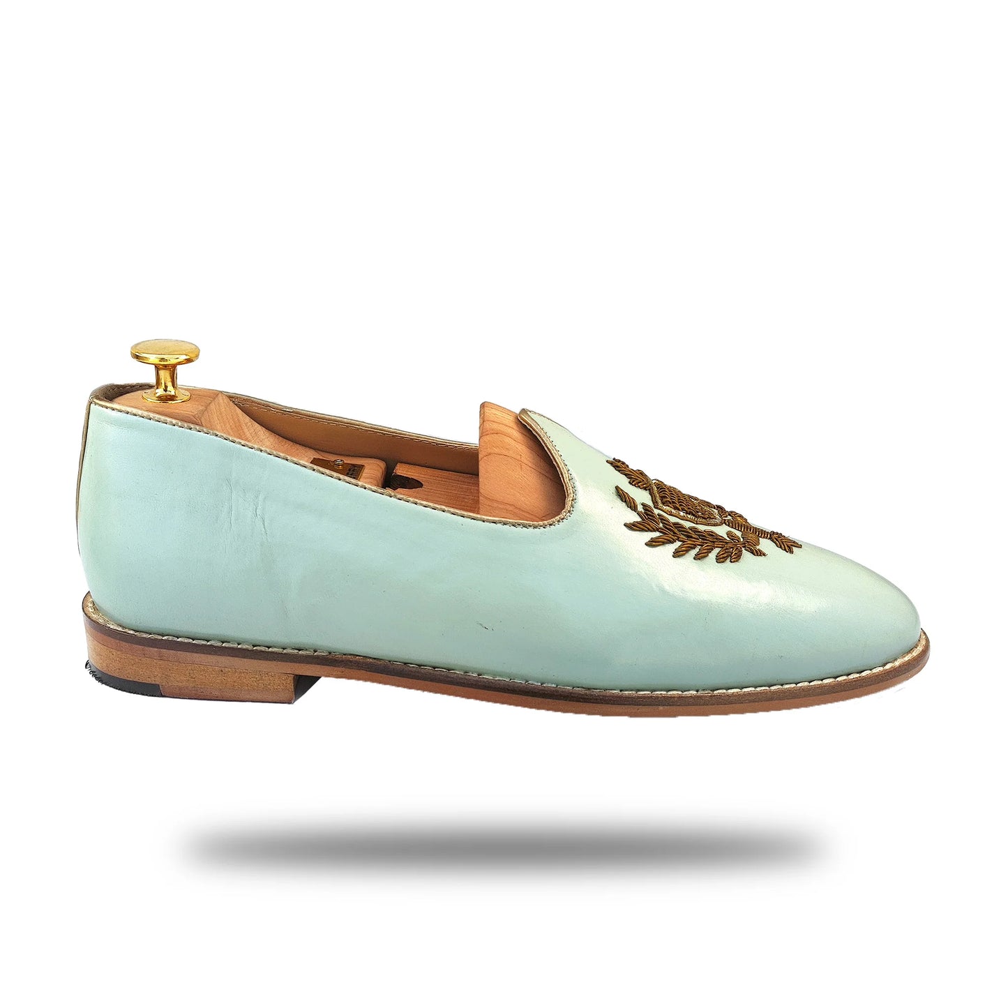 Mint Green Antique Gold Zardozi Handwork Wedding Shoes Ethnic Mojari for Men