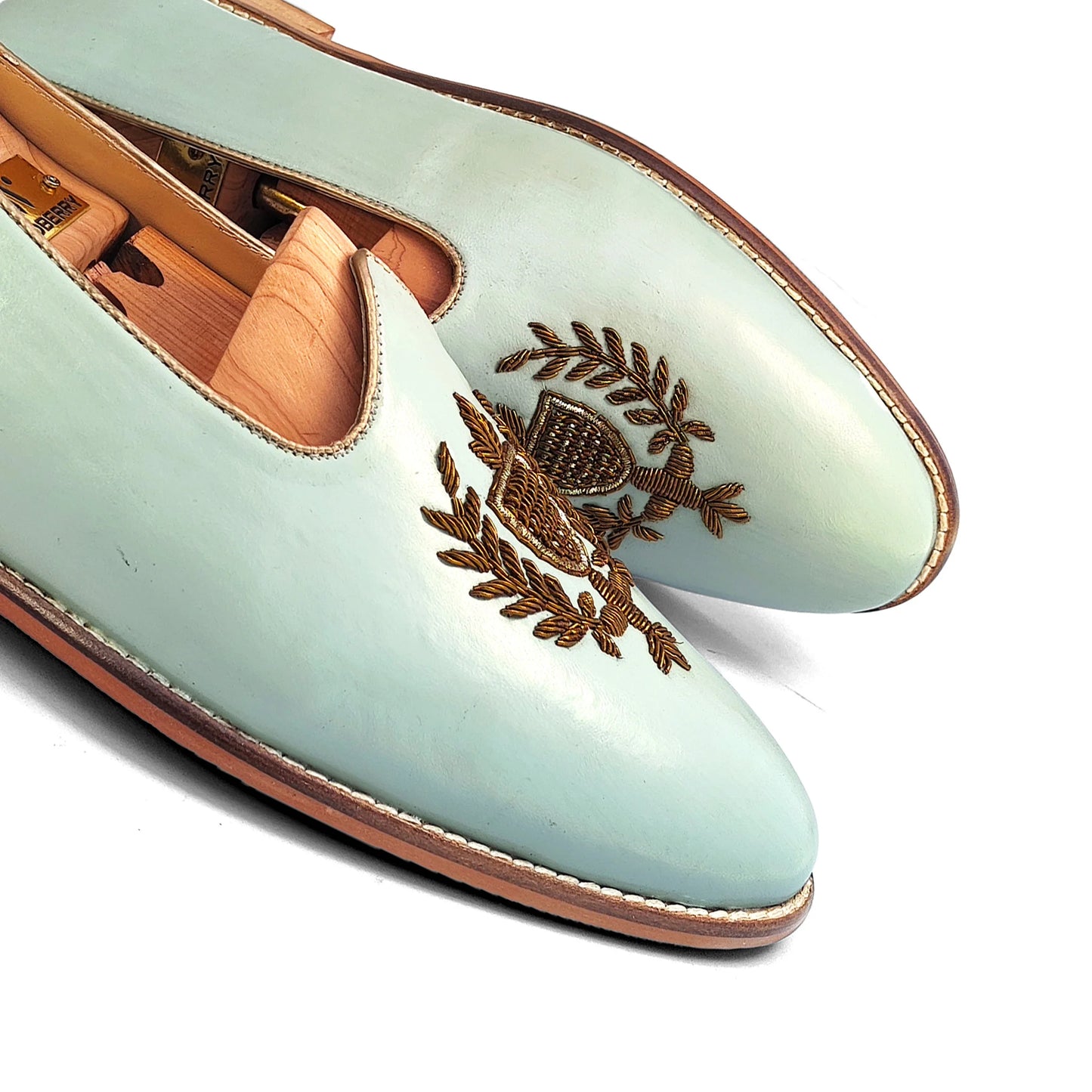 Mint Green Antique Gold Zardozi Handwork Wedding Shoes Ethnic Mojari for Men