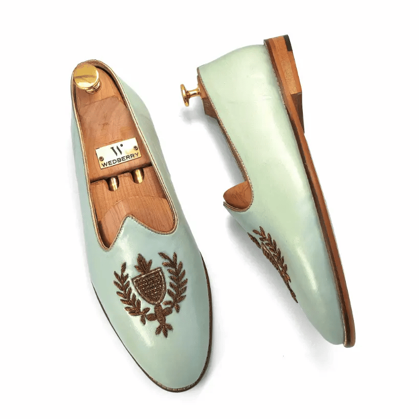 Mint Green Antique Gold Zardozi Handwork Wedding Shoes Ethnic Mojari for Men