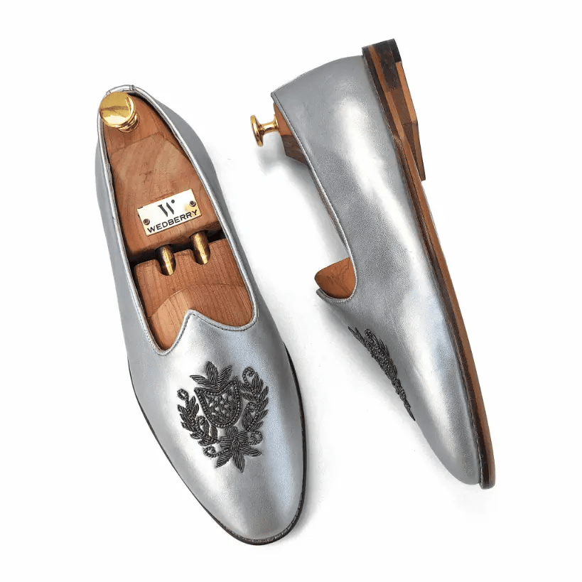 Silver Gun Metal Zardozi Handwork Wedding Shoes Ethnic Mojari for Men
