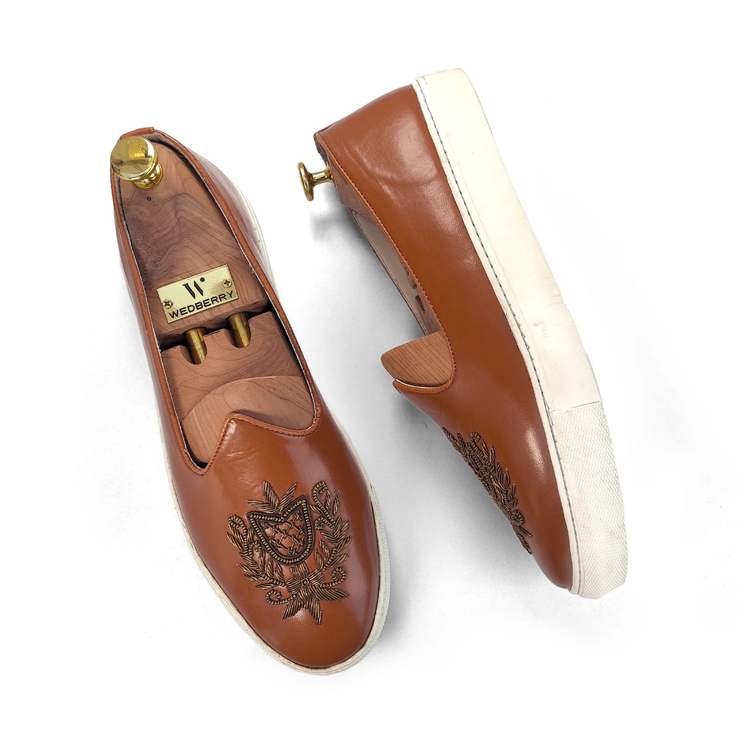 Tan Antique Gold Zardozi Handwork Sneaker Wedding Ethnic Shoes Loafer for Men