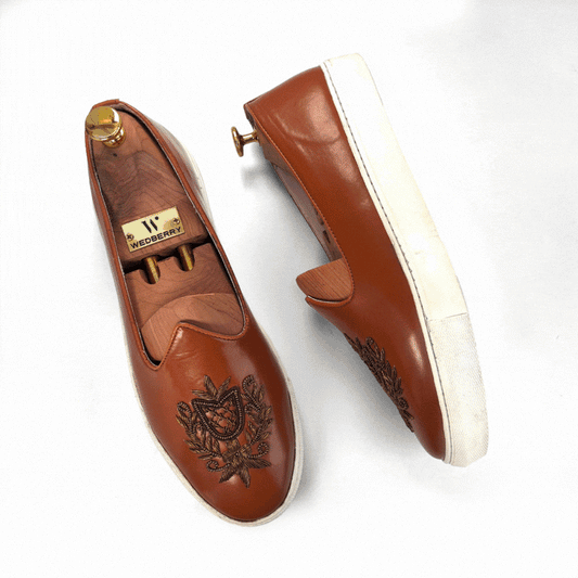 Tan Antique Gold Zardozi Handwork Sneaker Wedding Ethnic Shoes Loafer for Men
