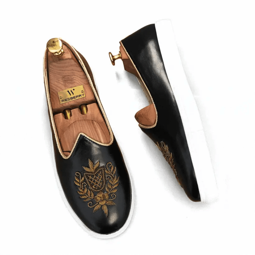 Black Zardozi Handwork Wedding Sneaker Shoes Ethnic Mojari for Men