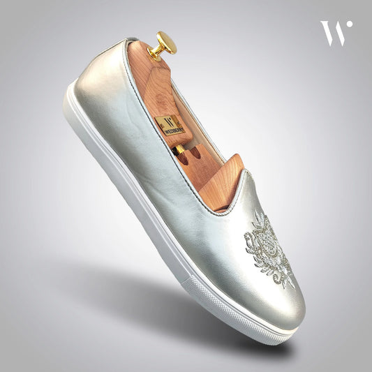 Silver Zardozi Handwork Wedding Sneaker Shoes Ethnic Mojari for Men