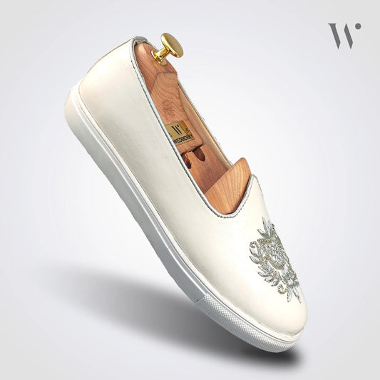White Zardozi Handwork Wedding Sneaker Shoes Ethnic Mojari for Men