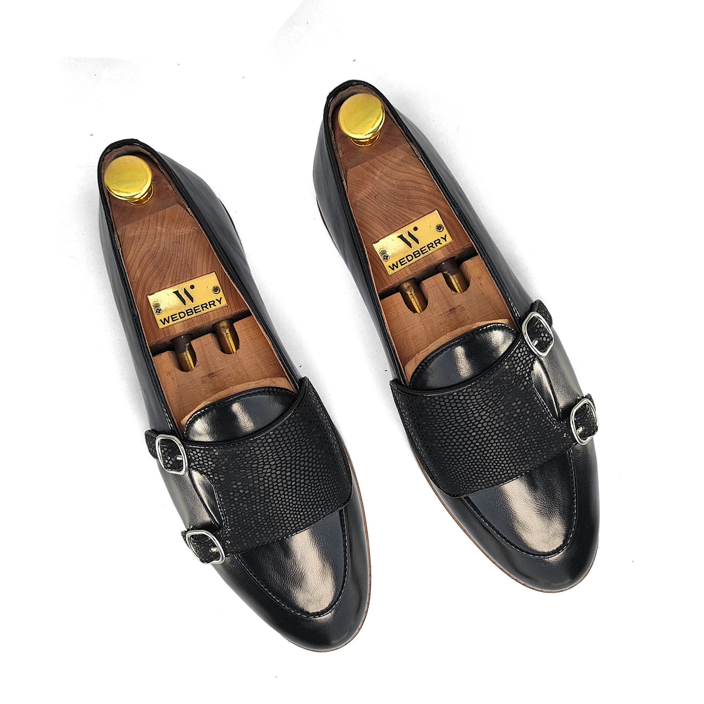 Black Embossed Double Monk Loafers Slipon for Men